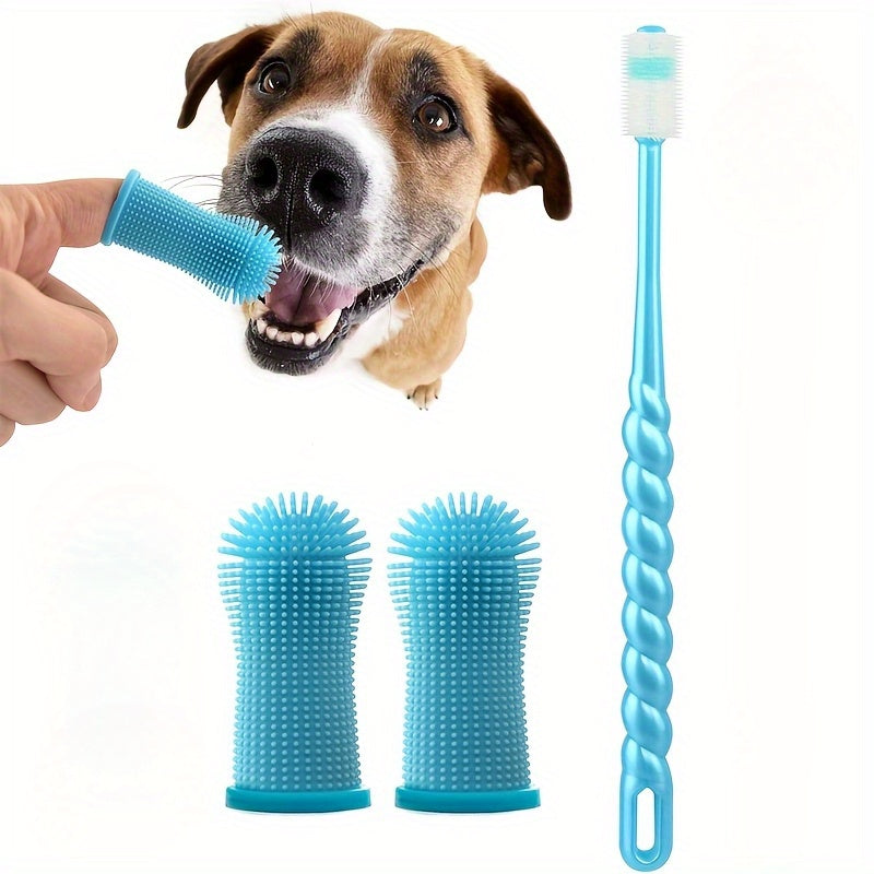3-Piece Pet Dental Care Silicone Toothbrush Set, 360° Finger Brush & Micro-Ciliated Brush for Dogs & Cats, Soft, Gentle, No Battery Required