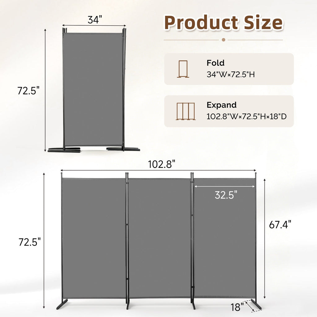 3-Panel Folding Room Divider 72.5" Tall Privacy Screen – Freestanding Portable Partition Wall with Wide Stable Base for Home Office Bedroom Studio Apartment