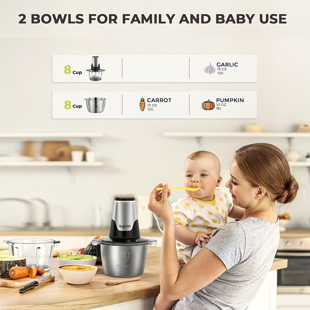 Syvio Food Processor 450W with 2 Bowls & 4 Bi-Level Blades - Mini Electric Meat Grinder & Vegetable Chopper, 2 Speeds, 8-Cup Capacity, for Baby Food Onion Garlic - Black