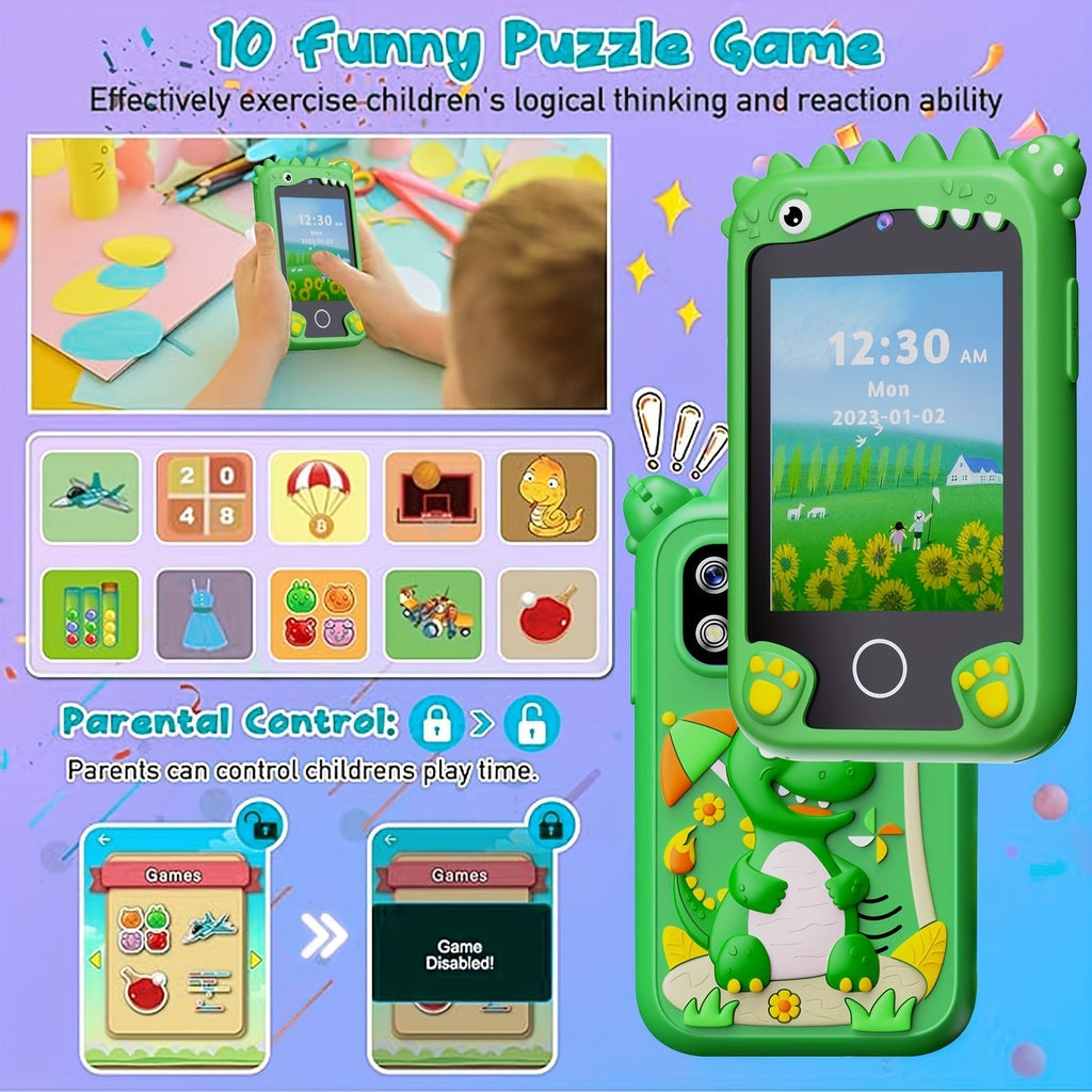 Kids Smart Phone Toy with HD Touchscreen, Dual Camera, Dinosaur Design, 8GB SD Card Included, Play Cell Phone for Boys and Girls Ages 3 and Up, Travel Toy, Birthday, Easter, Halloween, Christmas Gift, Green/Purple