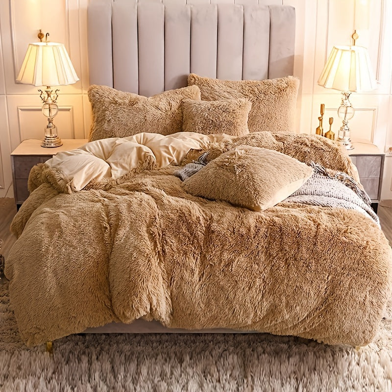 Plush Duvet Cover Set 3 Piece, Long Hair Knitted Polyester, Solid Color Fuzzy Comforter Cover with Zipper Closure, All-Season Soft Cozy Bedding Set for Bedroom, Multiple Colors Available