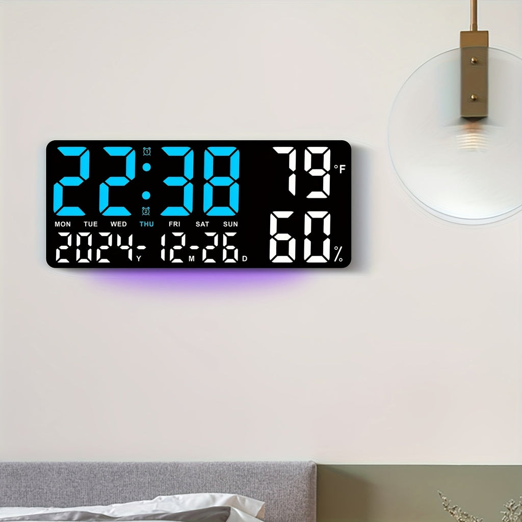 Large Screen LED Alarm Clock with Auto-Dimming and Remote Control – 15-Inch Digital Clock Displays Time, Date, Day of the Week, Temperature, and Humidity – Ideal Bedroom Bedside Clock for Seniors, Living Room, and Office Desk