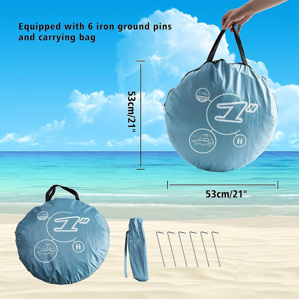 Pop-Up Beach Tent for 2-3 Persons, Portable Sun Shade Shelter with UV Protection and Anti-UV Silver Coating, Easy-Setup Camping Canopy with Carry Bag and Stakes for Beach, Fishing, Hiking, and Backyard, Blue & Green