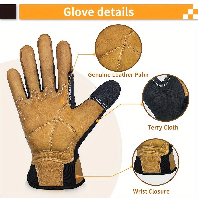 Cowhide Leather Work Gloves 2-Pair - Impact Protection, Grip Lining, Sweat-Wipe Towel Cloth, Tear-Resistant Heavy Duty Men's Safety Gloves for Garden, Outdoor & Construction - Sizes M to XXL