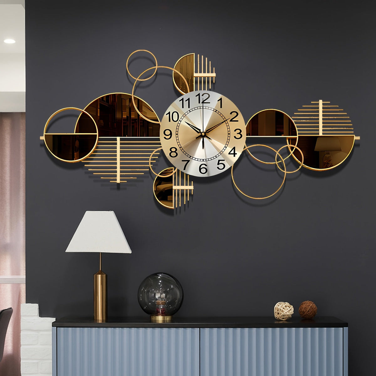 3D Metal Wall Clock Silent No-Ticking – Large 34"x17" Decorative Modern Wall Art Clock for Living Room Bedroom in Brown