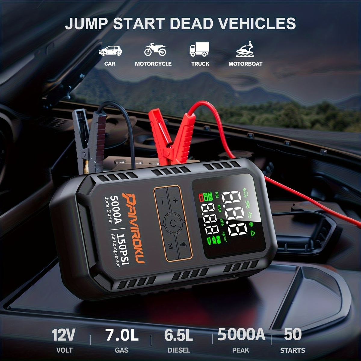 7-in-1 Portable Jump Starter with 150PSI Air Compressor – 5000A Peak Car Battery Booster, Tire Inflator, QC3.0 Power Bank, and LED SOS Light for Gas & Diesel Vehicles