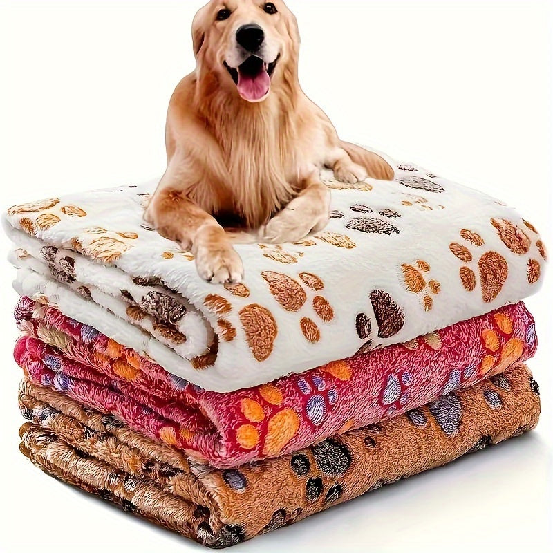 Fleece Pet Blanket 3-Pack for Dogs, Cats & Puppies – Super Soft, Fluffy, and Tear-Resistant Flannel Throw, Paw Print (Brown, Pink, White), Machine Washable, Includes Free Pet Drying Towel