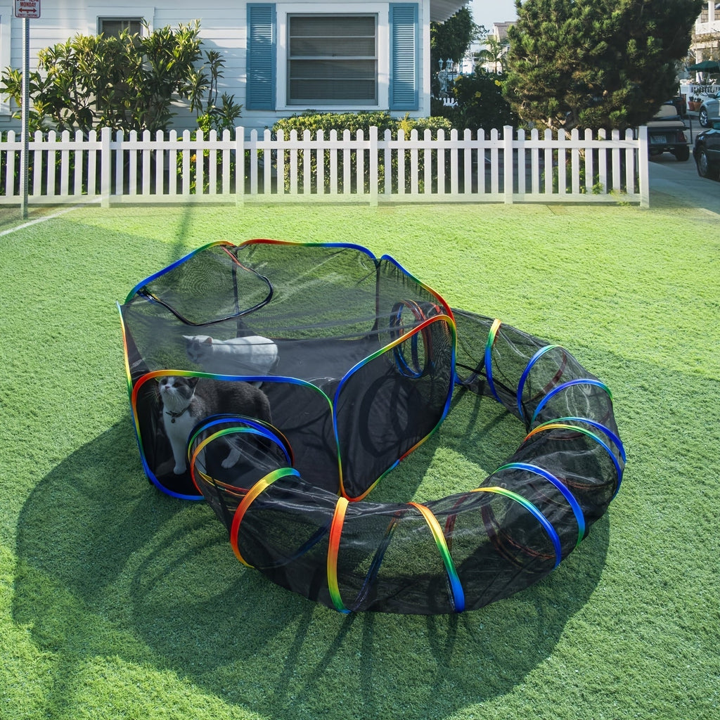 Rainbow Cat Playpen Outdoor Cat Enclosure with Circle Tunnel and Portable Pop-Up Tent, Foldable Cat Playground for Cats, Kittens, and Small Animals, Indoor/Outdoor Use