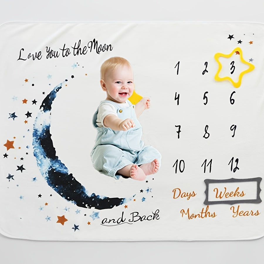 Baby Milestone Blanket for Boys, 60"x40" Extra Large Moon Design Monthly Growth Chart Blanket, First Year Calendar Photo Prop for Newborn & Infant Monthly Photo Shoots