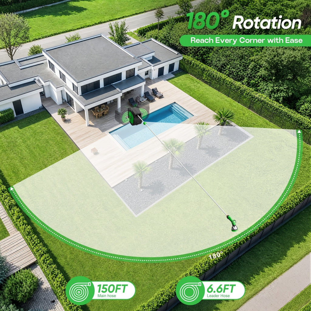 Retractable Garden Hose Reel 100ft/150ft Wall Mounted Auto Rewind, 10 Spray Modes, 3-Layer PVC 200PSI, 180° Swivel for Outdoor Gardening Patio Car Wash & Pet Shower – Freeze-Proof, Brass Fittings