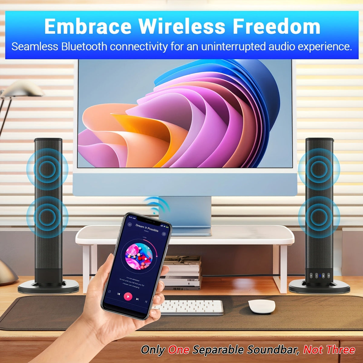 2-in-1 Detachable Soundbar - 20W, Bluetooth/TF/AUX/FM/RCA/TWS, Wireless Flat & Wired Tower Modes, Volume Control - TV, PC, Gaming & Projectors - Black