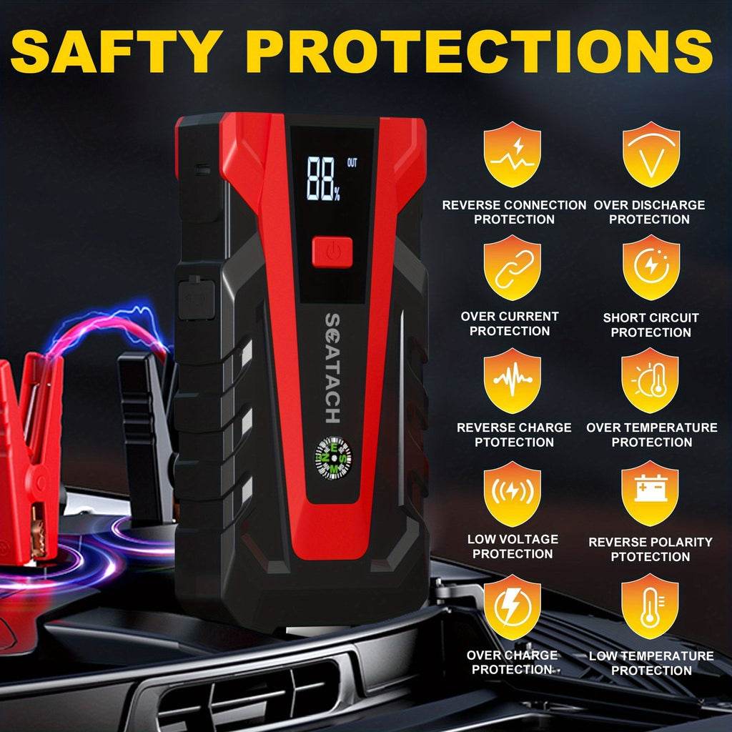 Car Jump Starter with Air Pump & Digital Tire Pressure Gauge – 12V Portable Emergency Starter for Cars, Trucks, SUVs, RVs & Motorcycles, LED Display, SOS Light & Window Breaker