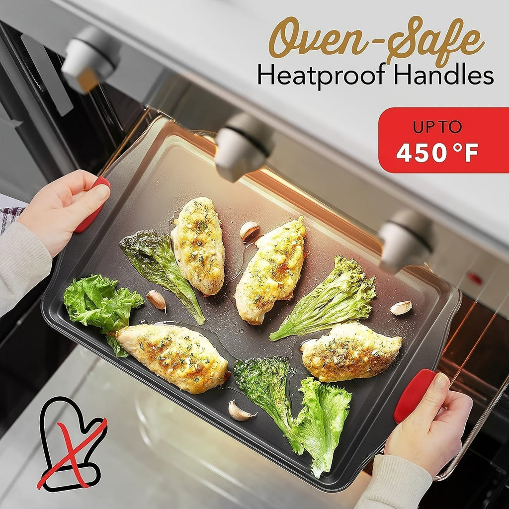 Carbon Steel Non-Stick Baking Pan Set 3-Piece – Commercial Restaurant Grade Oven Safe Bakeware with Red Silicone Handle, Double-Sided Coating Sheet Pan, Cookie Tray, and Roasting Pan
