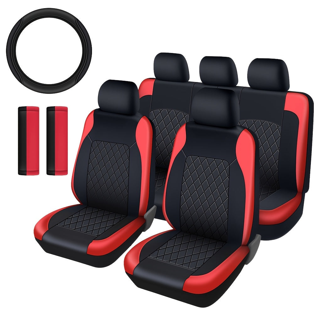PU Leather Car Seat Covers, Universal Fit, Waterproof, Quilted, All-Season, with Sponge Padding, for Cars, SUVs, Trucks, Gray/Black/Red/Blue, Single or 12-Piece Set