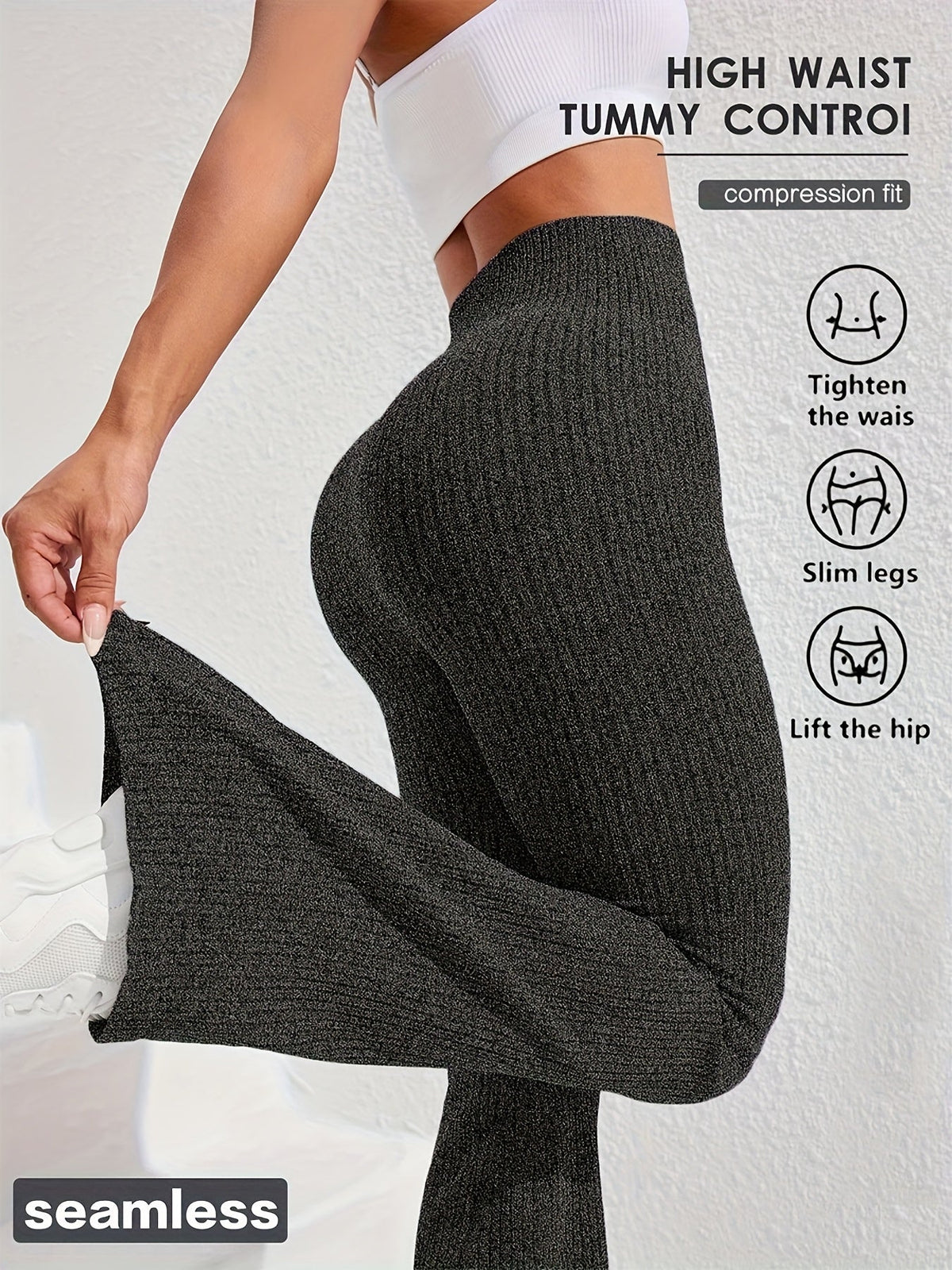 Women's High-Waist Tummy Control Slim Flare Pants Textured Wide Ribbed Knit Stretch Yoga Fitness Running Casual Trousers XS-L 4 Colors