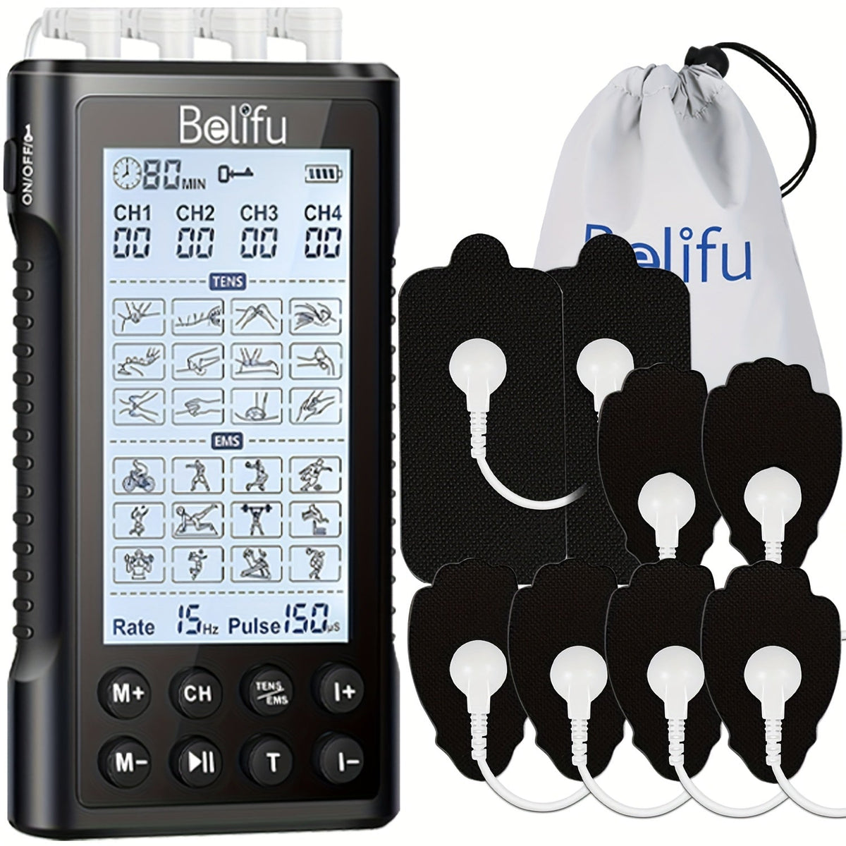 Belifu TENS EMS Muscle Stimulator with 4 Independent Channels - 24 Modes, 30 Intensity Levels, Rechargeable Electric Pulse Massager for Pain Relief - Black & Silver
