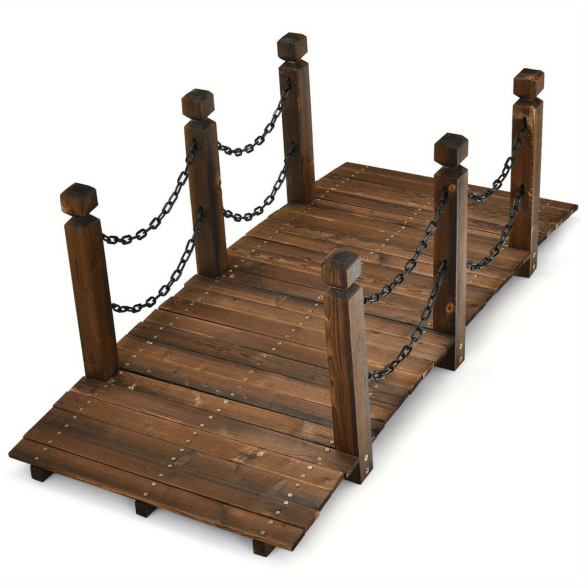 5 Ft Wooden Garden Arc Footbridge, 500 Lb Capacity, Half-Wheel Rails & 6 Pillars, Stained Fir Wood, for Garden, Creek, Backyard & Farm Walkway
