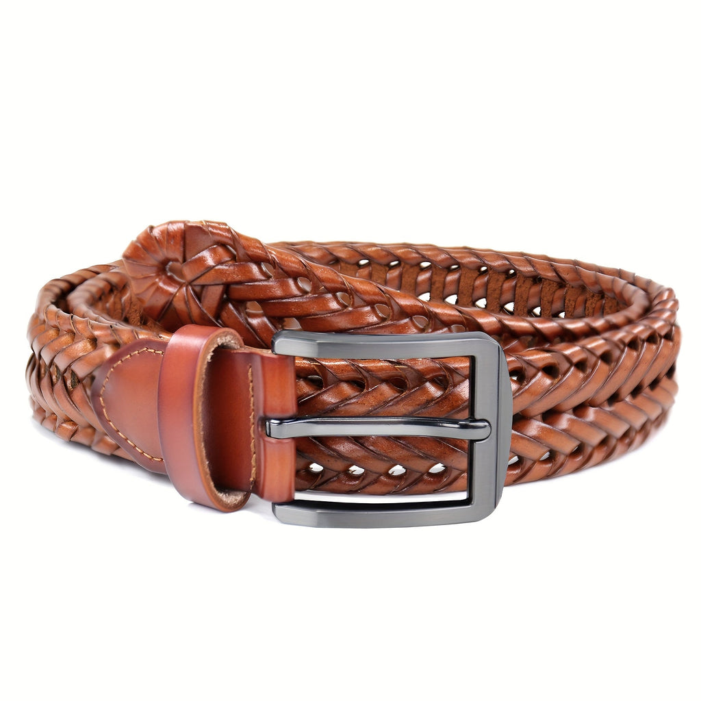 Men's Leather Braided Belt – Woven Hollow Design with Gold Zinc Alloy Buckle, Casual Dress Belt for Golf Pants, Jeans, and Everyday Wear, Sizes 34" to 50", Great Gift for Dad