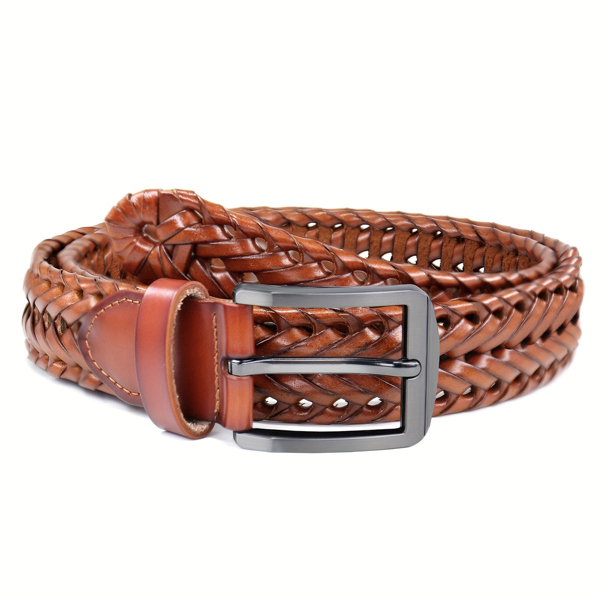 Men's Leather Braided Belt – Woven Hollow Design with Gold Zinc Alloy Buckle, Casual Dress Belt for Golf Pants, Jeans, and Everyday Wear, Sizes 34" to 50", Great Gift for Dad