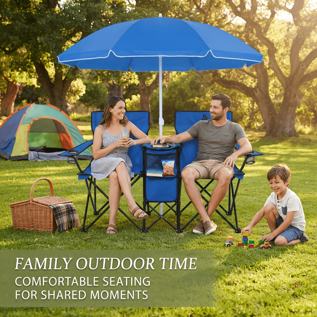 2-Person Folding Camping Chairs with Removable Umbrella – Portable Outdoor Chairs with Insulated Pocket Dual Cup Holders & Storage Pouch for Camping Picnic Beach Fishing Patio in Black & Red