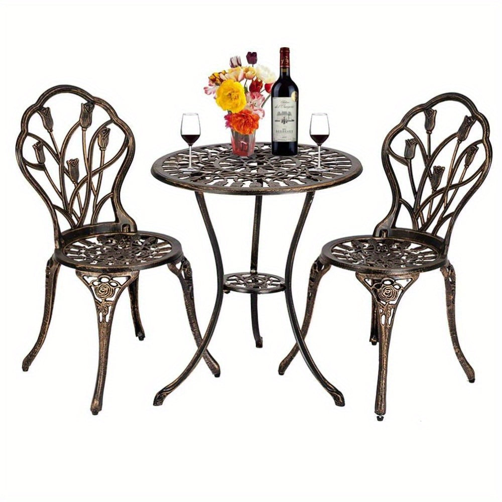 Bonnlo 3-Piece Cast Aluminum Patio Bistro Set Tulip Design Rust-Resistant Outdoor Table & 2 Chairs with Adjustable Feet for Backyard Patio Garden & Balcony – Brown