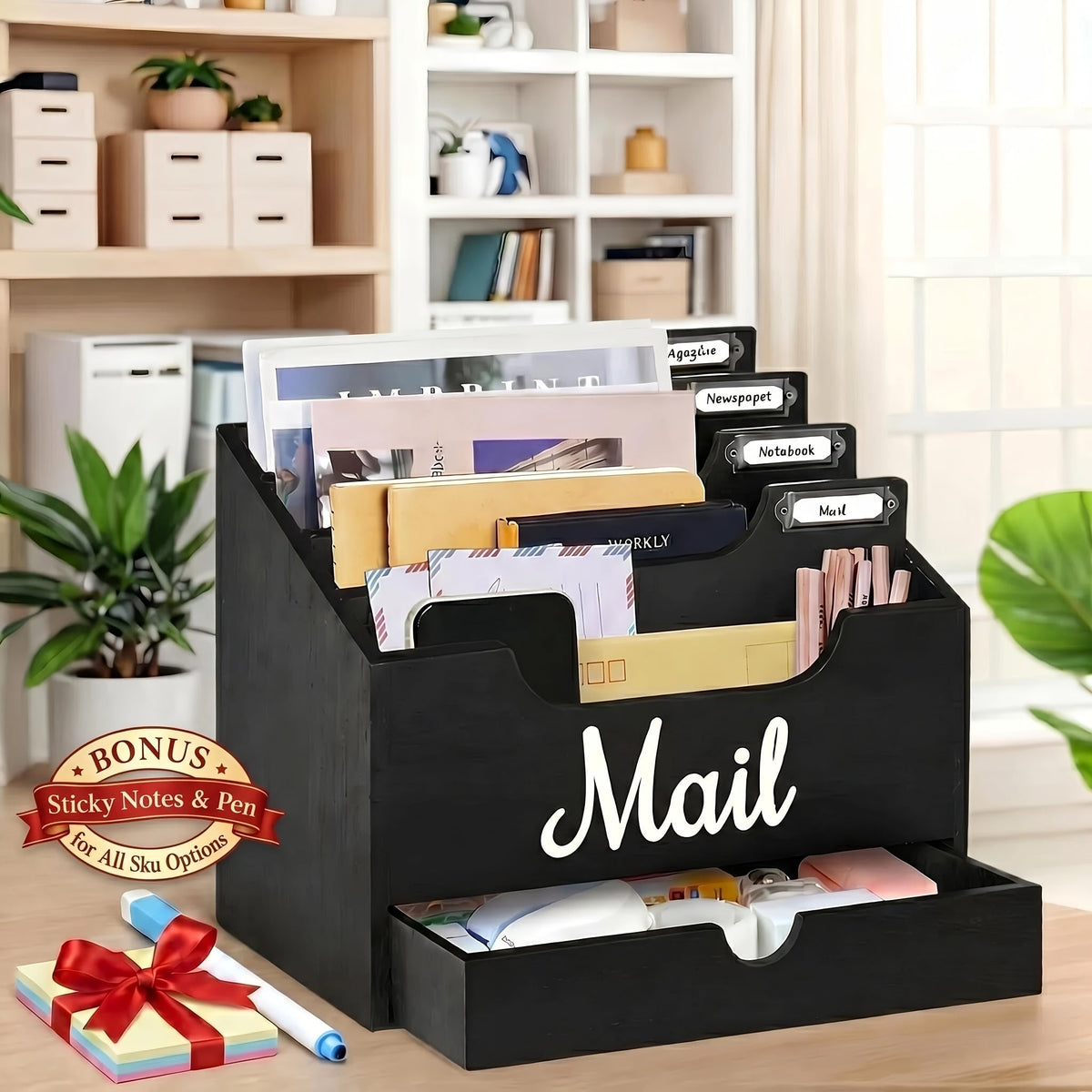 Large Solid Wood Desktop Mail Organizer with Drawer and 4 Compartments, Labelable Dividers for Files, Letters, and Paper Folders, Desk Organizer for Home Office, Students, and Professionals