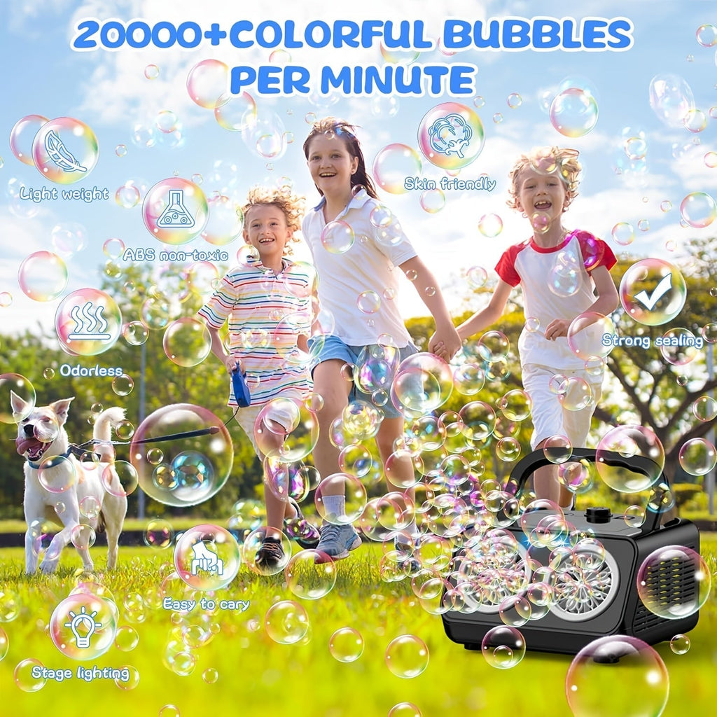 Upgraded Automatic Bubble Machine, Thickened 2-Fan Design, 20,000+ Bubbles Per Minute, Plug-in or Battery-Powered Portable Bubble Blower for Indoor/Outdoor Birthday Parties, Weddings, and Kids (White/Black)