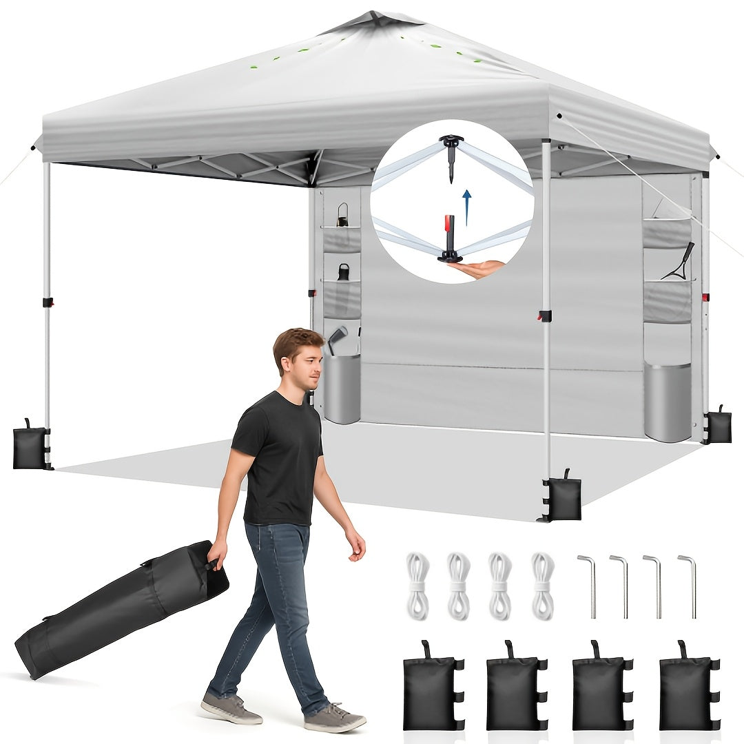 10x10 ft Instant Pop-Up Canopy Tent with Removable Sidewall & Sandbags UV50+ Waterproof Vented Top One-Person Setup for Beach Camping Party & Outdoor Events – Blue, Black or White