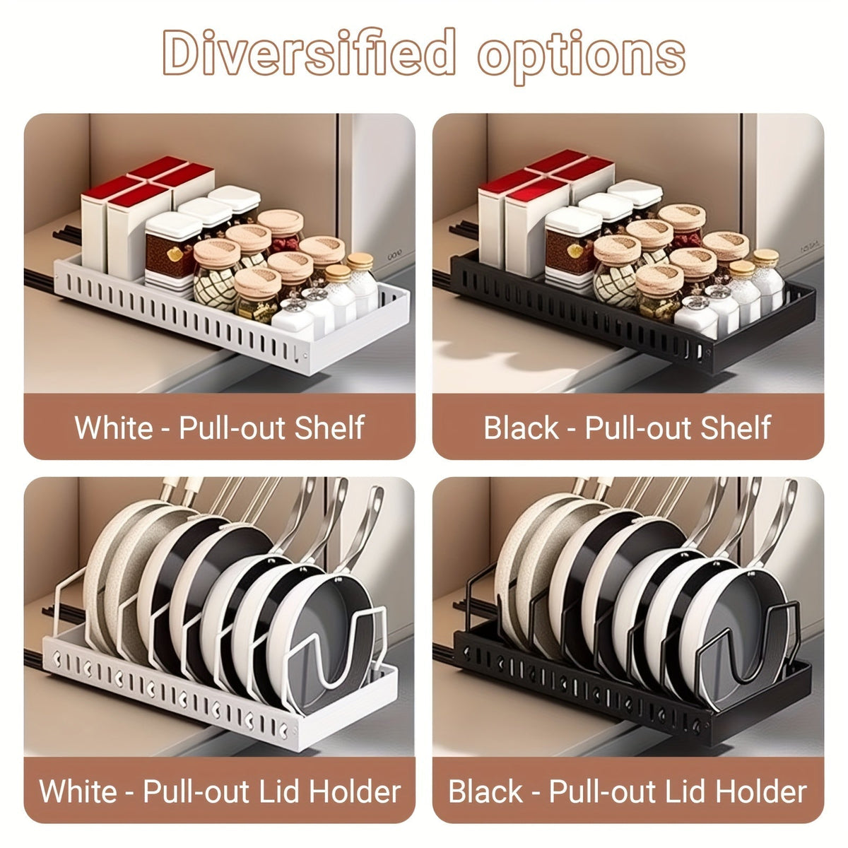 Pull-Out Pot & Pan Organizer Rack for Under Cabinet – Slide-Out Lid Holder with 8 Adjustable Compartments, Drill-Free Installation, Kitchen Cabinet Cookware & Baking Sheet Organizer – 1pc or 2pcs