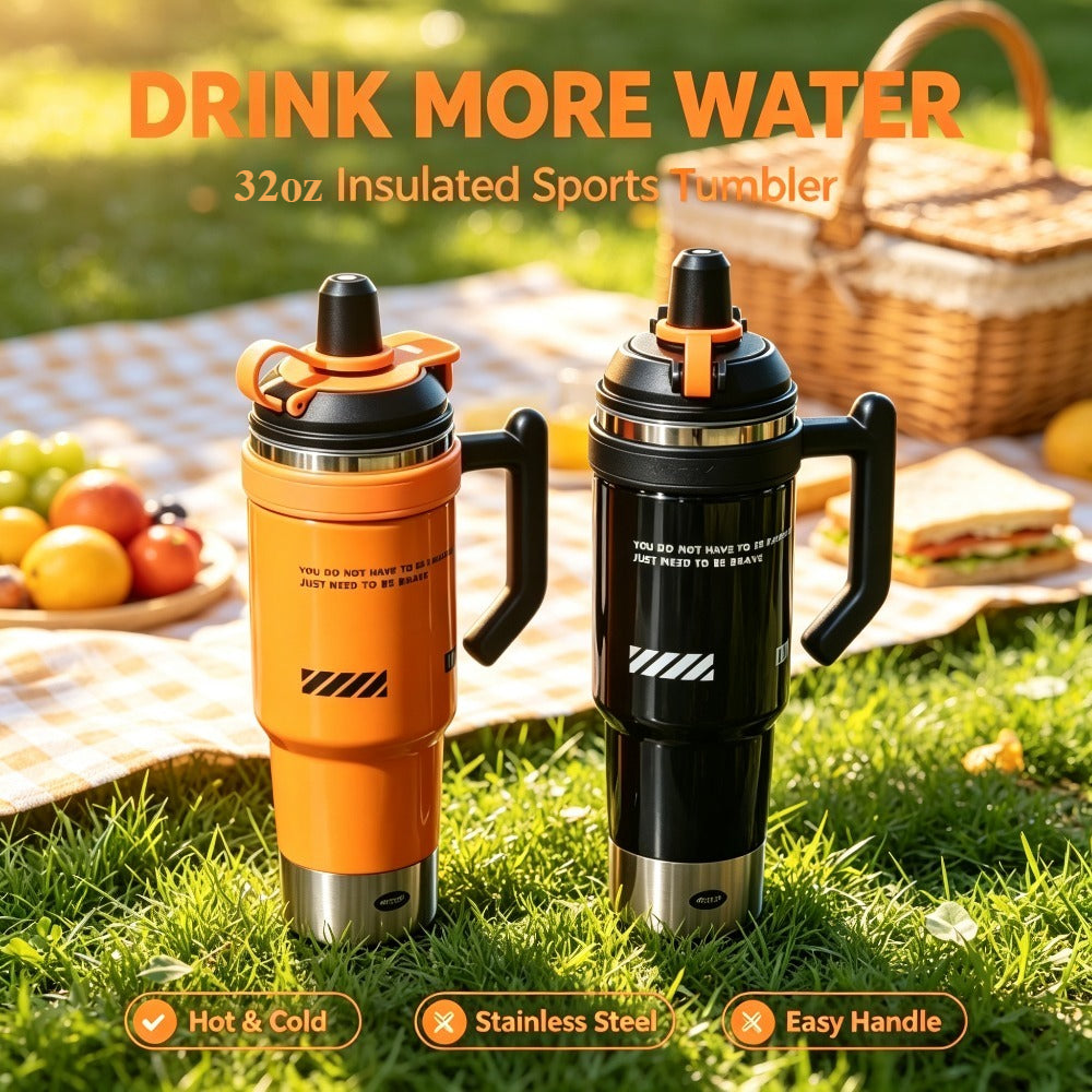 Large Capacity Insulated Tumbler - 316 Stainless Steel Inner Liner, Leak-Proof Lid & Straw, Printed Design for All-Day Hot & Cold Retention, Car, Camping, Fitness & Home - Orange & Black