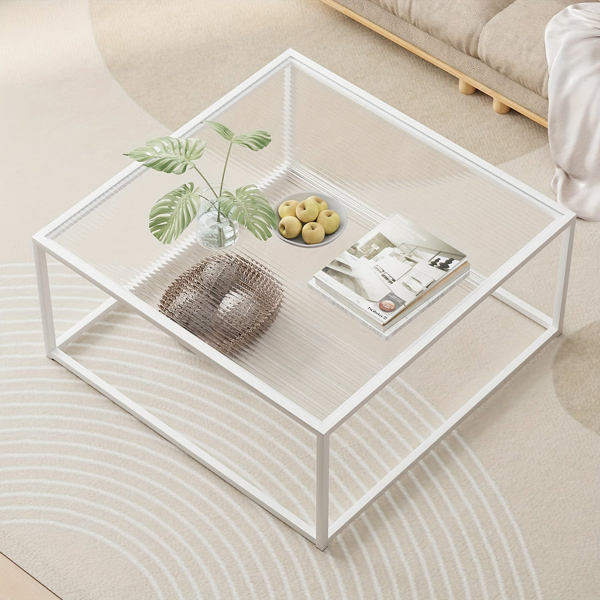 Glass Coffee Table 26"x26" – Modern Square Clear Glass Center Table for Living Room Small Spaces in Gold Black White with Plain or Striped Glass