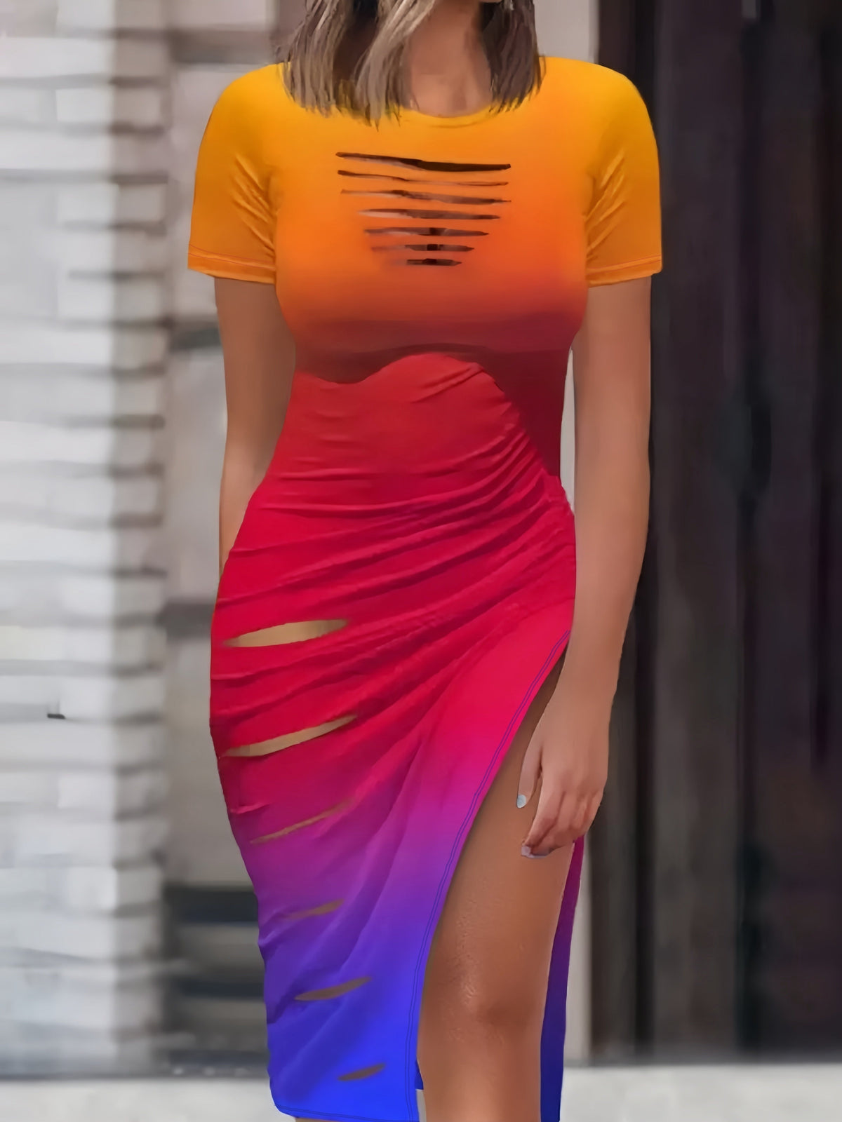 Women's Sexy Cut-Out Drawstring Bodycon Mini Dress, Short Sleeve Split Hem Tight-Fitting Summer Club Party Dress S M L XL XXL