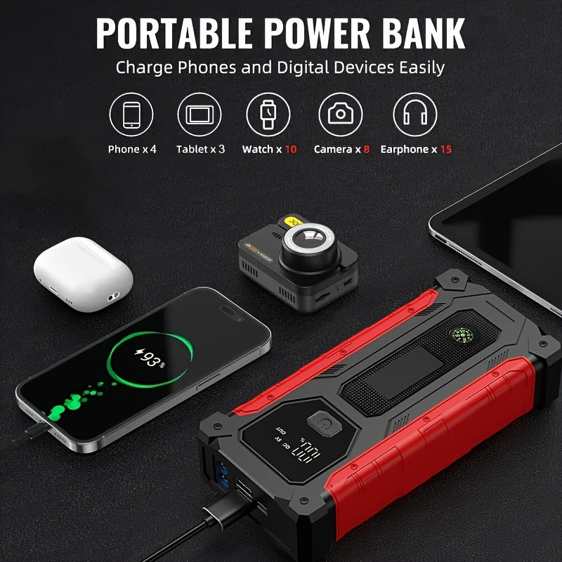 3000A 9-in-1 Car Jump Starter with Built-in Tire Inflator, USB Ports & LED Emergency Light – 12V Portable Wireless Battery Booster for Cars, Trucks & SUVs – Roadside Emergency Tool – Velora