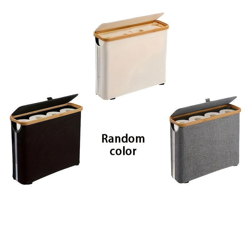 Bamboo Toilet Paper Holder Basket with Lid - Large 9-Roll Storage Organizer for Bathroom, Modern Minimalist Freestanding Toilet Paper Storage Cabinet in Black, Beige, Gray, and Pink