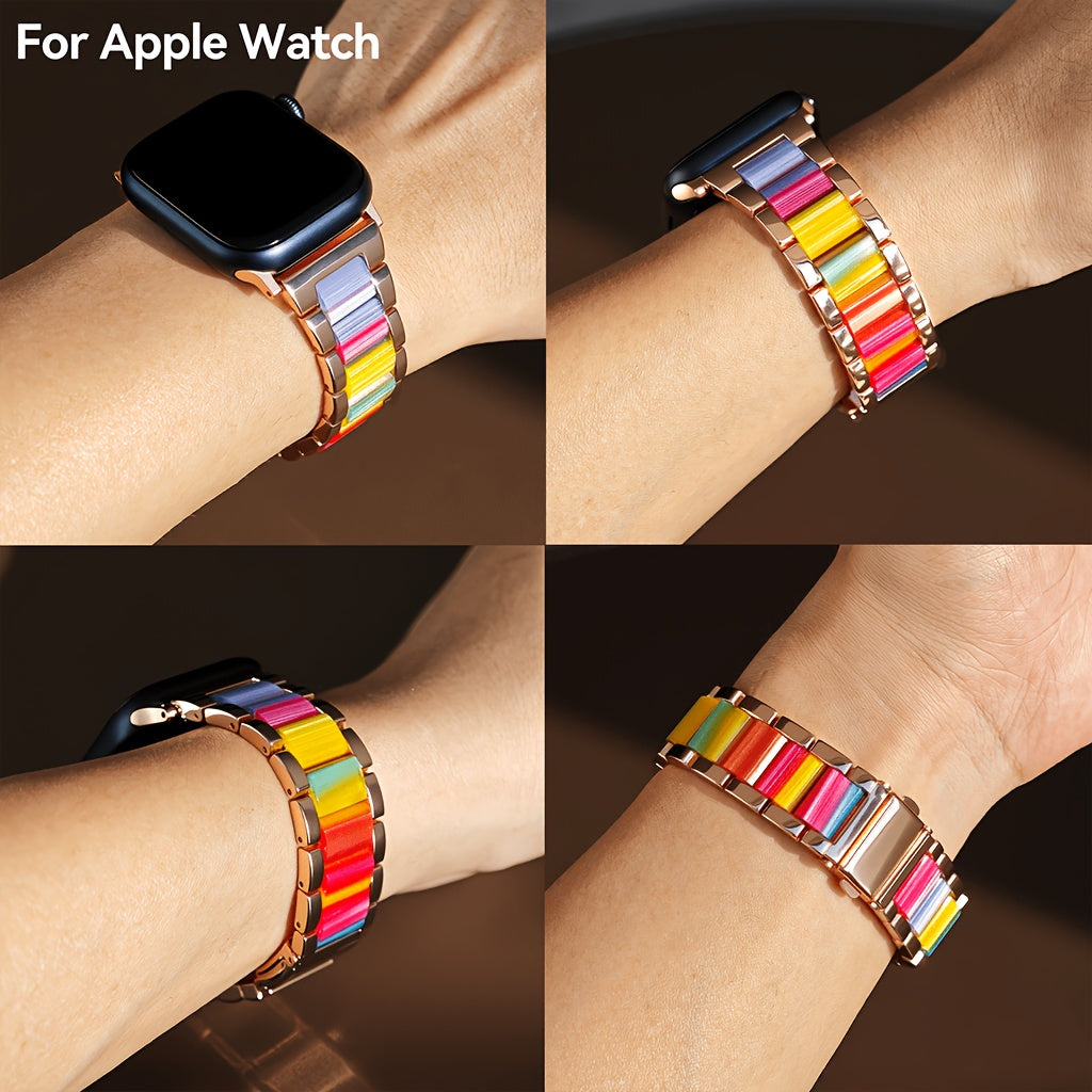 Apple Watch Band 42/44/45/46/49mm Women's Stainless Steel Resin Metal Replacement Strap Starlight Rainbow for iWatch Series 11 10 9 8 7 6 5 4 3 SE Ultra for Work, Office, Fitness, Party