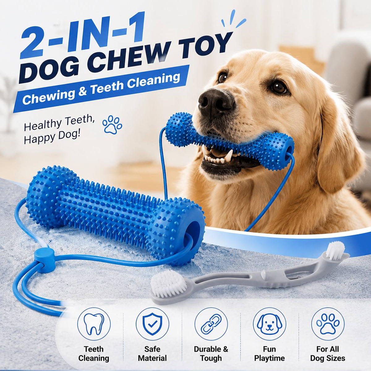 Dog Teething Chew Stick and Teeth Cleaning Brush Set 2-Pack - Durable Chewable Dog Toothbrush with Mouth-Open Strap for Easy Brushing, Dual-Purpose Dental Care Toy for Dogs, Random Color