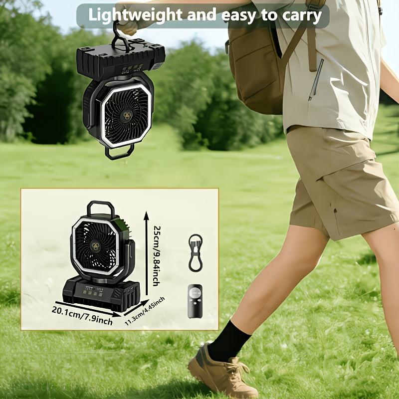 20000mAh Camping Fan with Remote Control, LED Light, Oscillating, 4 Speeds, Timer, and Power Bank - Rechargeable Tent Fan for Camping, Picnic, BBQ, Fishing, and Outdoor Use