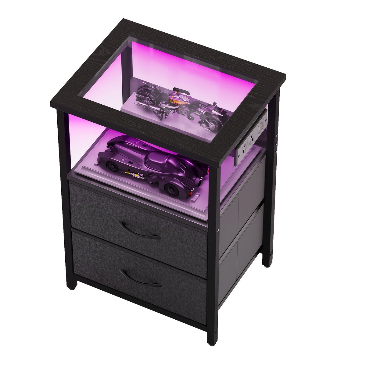 TOMNK Nightstand with Glass Tabletop LED Light & Charging Station 2 or 3 Fabric Drawers PU Finish Display Stand for Bedroom & Living Room – Black White Brown