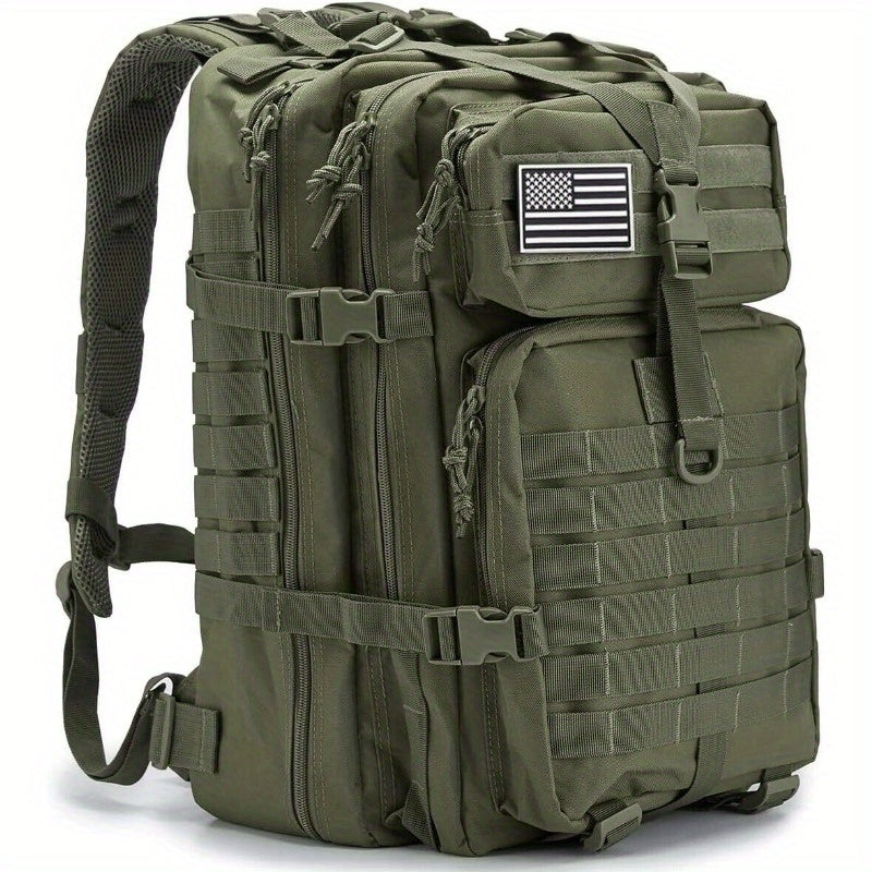 Men's Large Tactical Backpack – 45L MOLLE System 3-Day Rucksack for Hiking Fishing Hunting Travel & Mountaineering in Khaki Red & Black (Flag Badge Included)