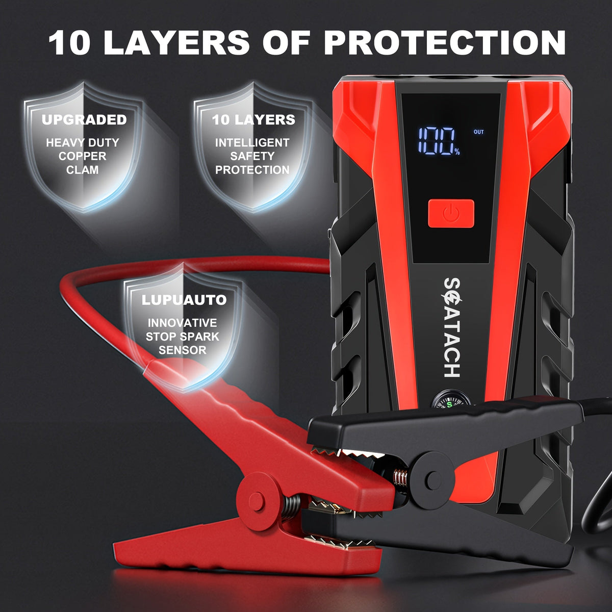 Car Jump Starter with Air Pump & Digital Tire Pressure Gauge – 12V Portable Emergency Starter for Cars, Trucks, SUVs, RVs & Motorcycles, LED Display, SOS Light & Window Breaker