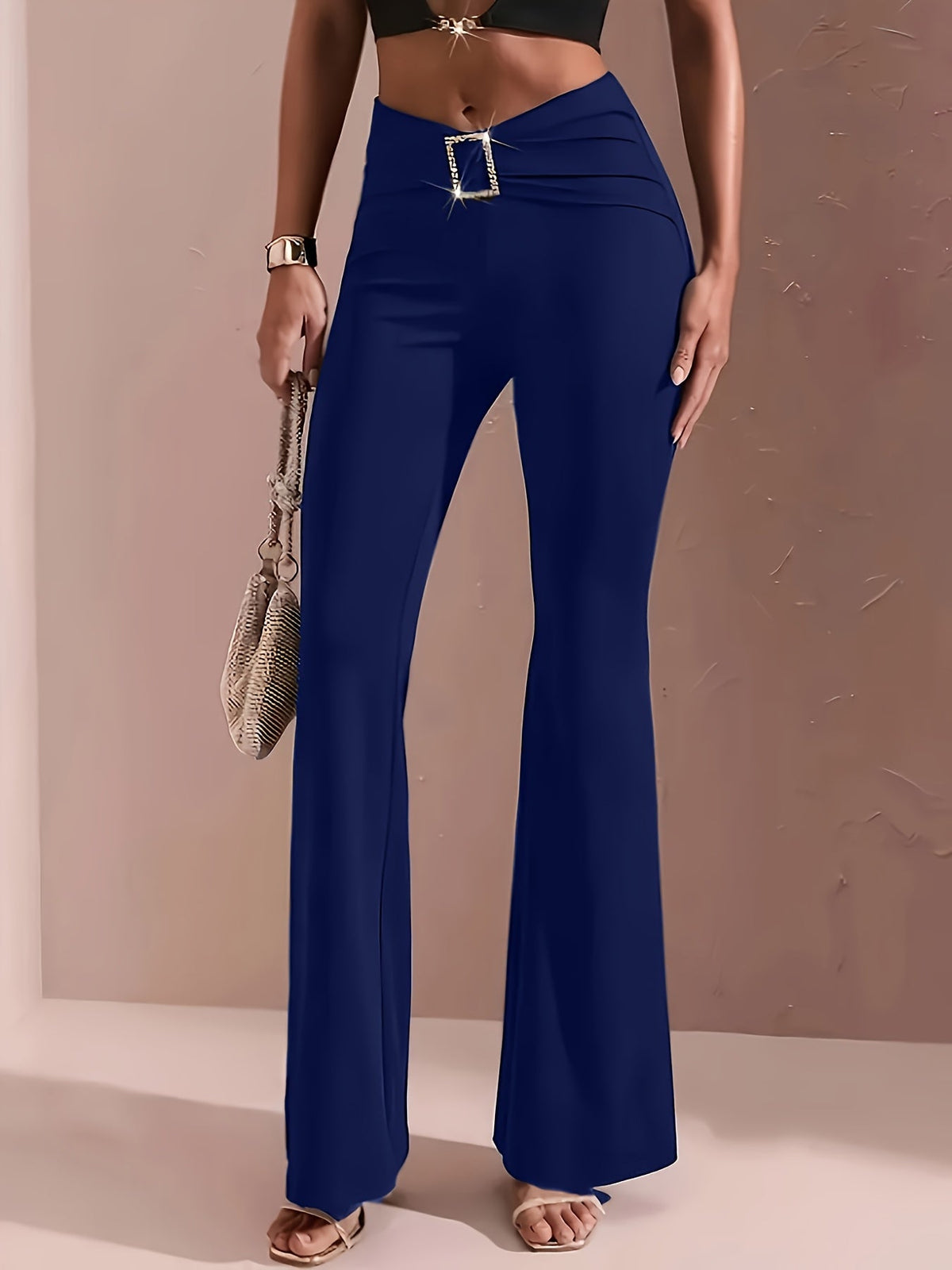 Women's High-Waist Flared Wide-Leg Pants, Elastic Waistband, Metal Chain Detail, Smooth Stretchy Fabric, Black/Deep Red/Blue, S-XXL