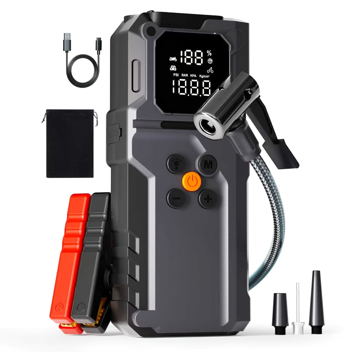 Car Jump Starter with Air Pump & Digital Tire Pressure Gauge – 12V Portable Emergency Starter for Cars, Trucks, SUVs, RVs & Motorcycles, LED Display, SOS Light & Window Breaker