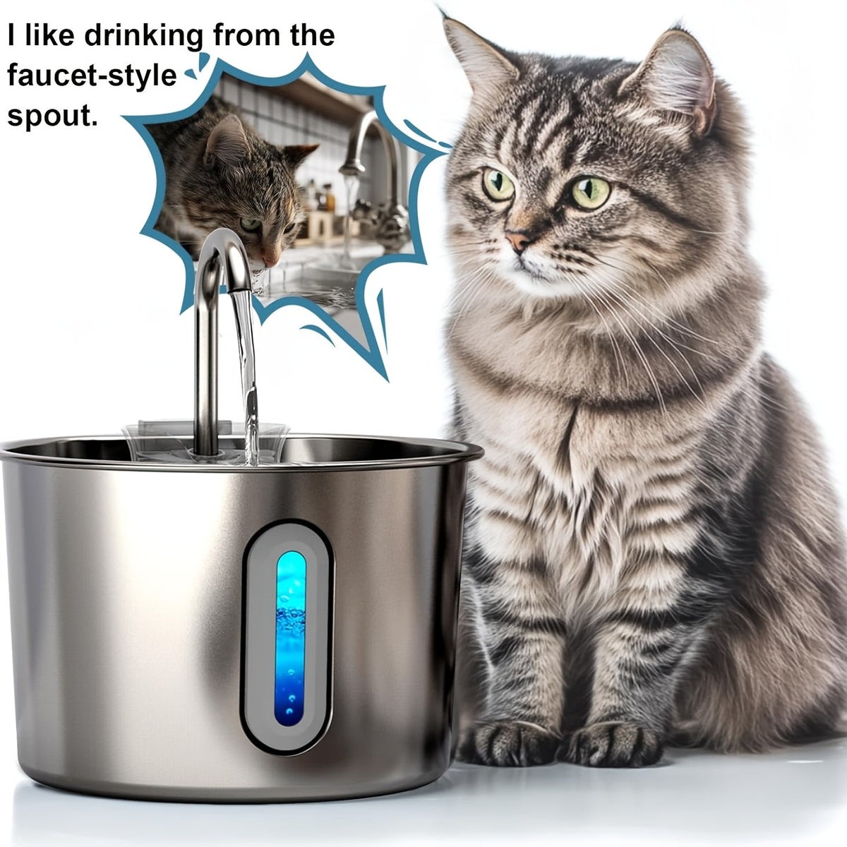 74oz Stainless Steel Cat Water Fountain - Ultra-Quiet USB Pump, Faucet Flow, 3-Stage Filter & Visual Water Level Window, Automatic Pet Water Fountain for Cats and Small Dogs Indoor