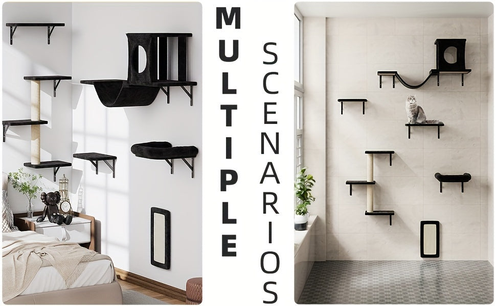 7-Piece Wall-Mounted Cat Climbing Shelf Set – Deluxe Indoor Cat Furniture with Cat Condo, Wall Shelves, Scratching Post, Bridge Ladder & Tunnel, Space-Saving Cat Wall Playground for All Cat Sizes