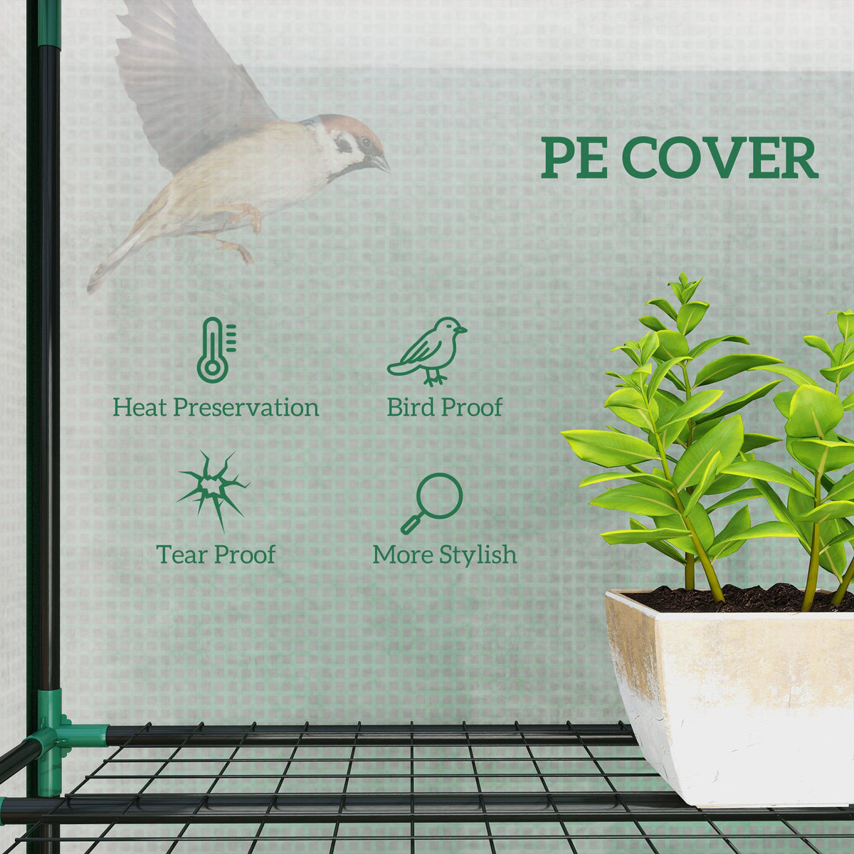 Lean-To Mini Greenhouse, 84.6"x18.1"x56.7", 3-Tier 9 Wire Shelves, 140GSM UV-Resistant PE Cover, 85% Light Transmission, 3 Roll-Up Zip Doors, Powder-Coated Steel Frame, Indoor Outdoor, Green