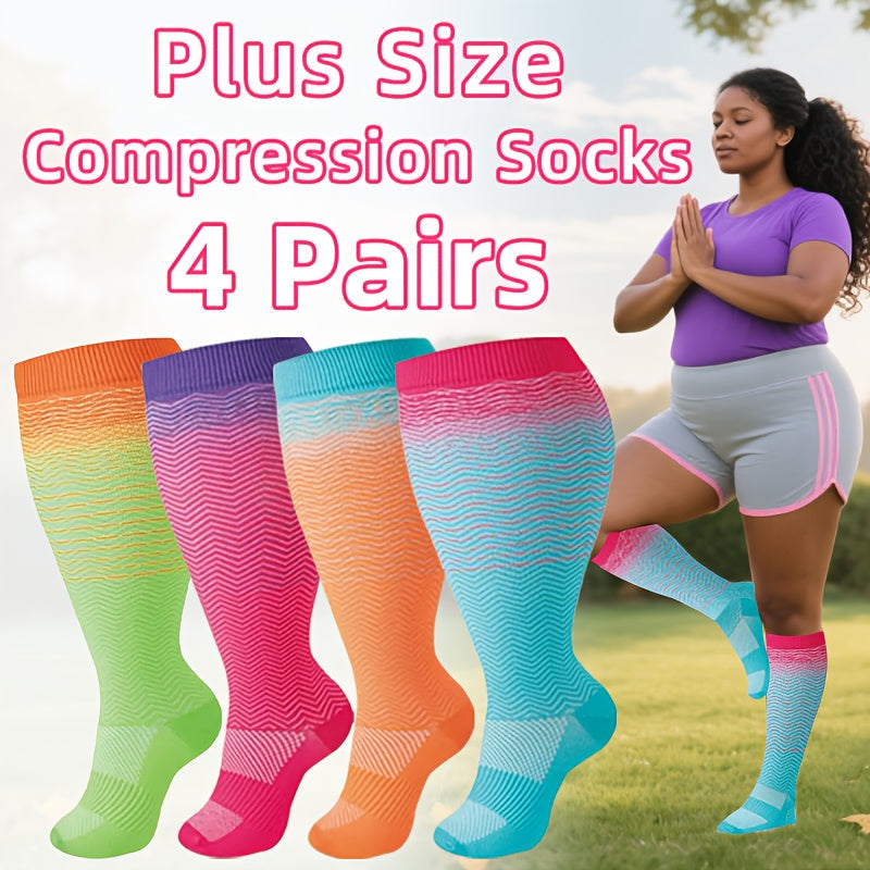 4 Pairs Women's Compression Socks Extra Wide Extra Long, Flower Pattern 80% Polyamide Stretchy Knit Socks for Pregnant Women, Nurses, Running, Cycling, Yoga, Hiking, Travel – All-Season