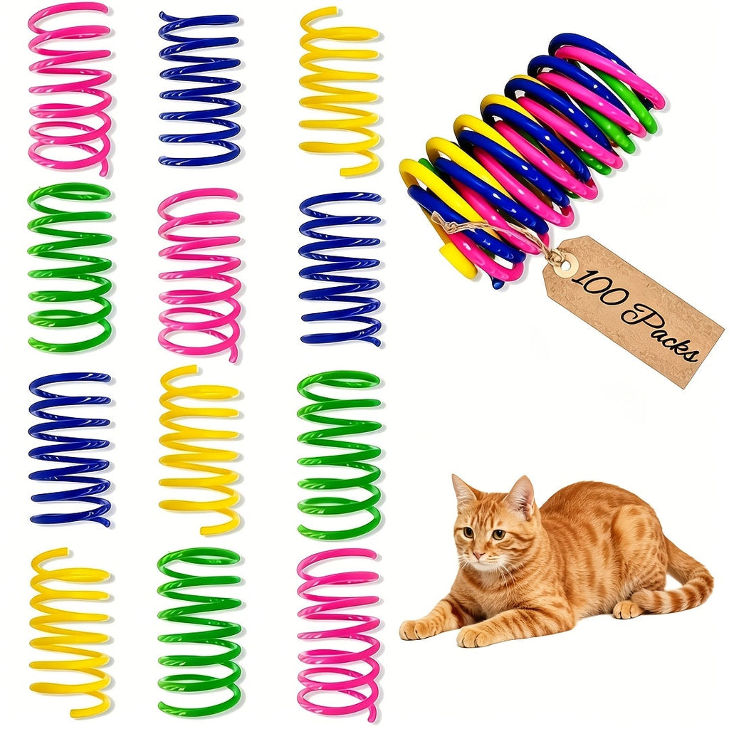 猫咪弹簧玩具100件装 - 适合室内猫咪和幼猫的彩色塑料螺旋弹簧，互动式狩猎、拍打和啃咬玩具，耐用无电池大包装猫玩具，多猫家庭超值套装