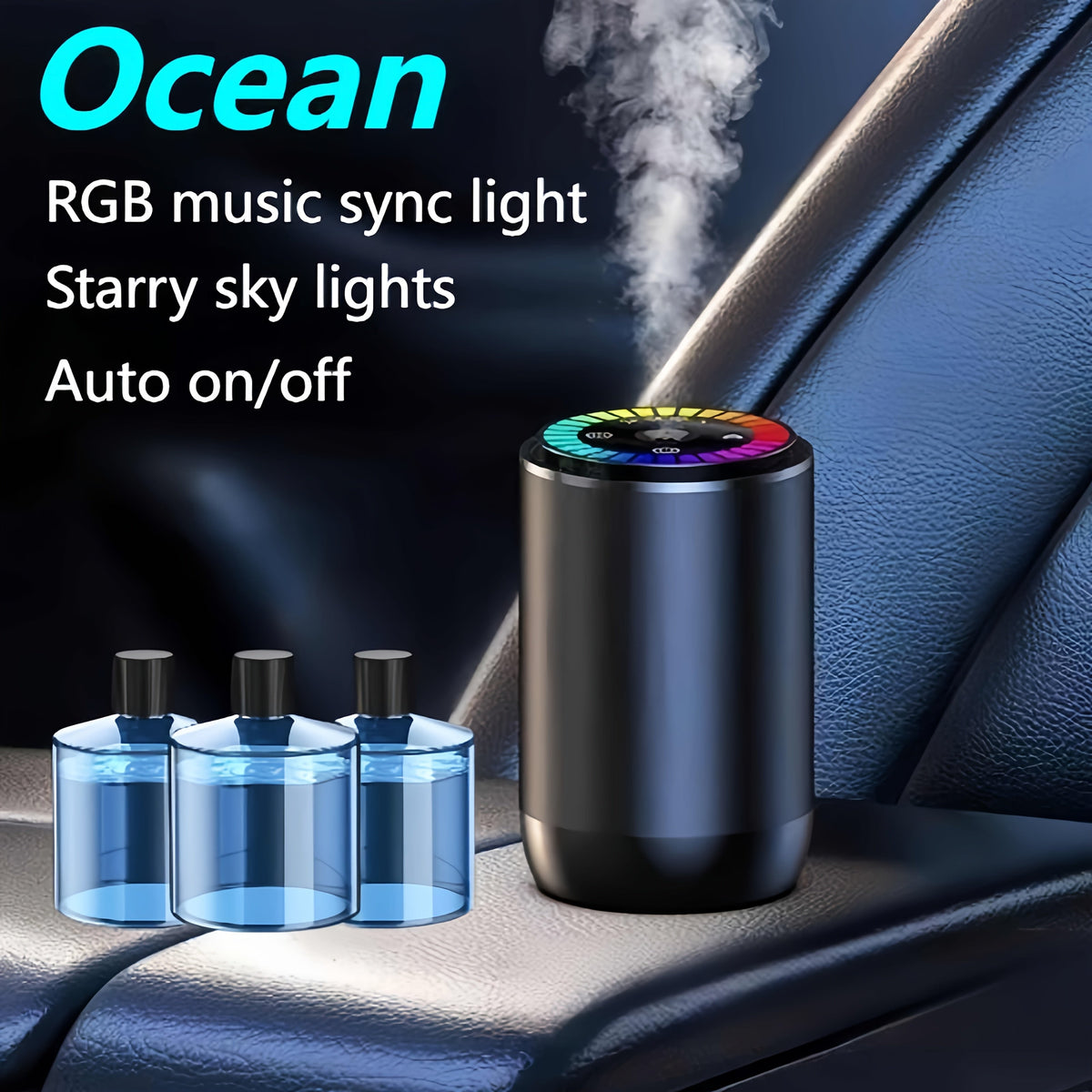 Smart Car Air Freshener Aromatherapy Diffuser with Starry Sky Light Show, USB Rechargeable, Adjustable Fragrance – Natural French Essential Oil (Gardenia, Ocean, Lavender, Cologne) Car Gift