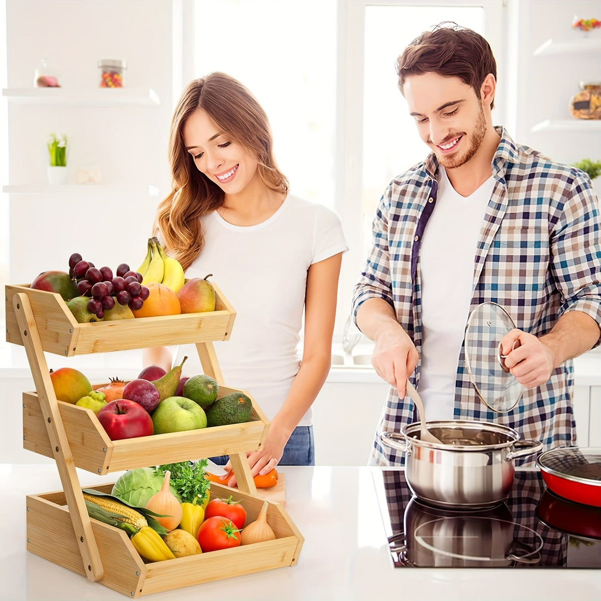 2 & 3-Tier Wooden Fruit Basket Stand - Countertop Kitchen Organizer, Open Slat Airflow Design, Banana Hooks & Non-Slip Pads - Fruits, Vegetables, Bread & Produce - Easy Assembly - Natural Wood Finish