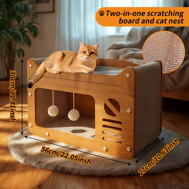 瓦楞纸猫抓屋——耐用猫窝与躲藏屋，附赠羽毛逗猫棒，通风式室内猫抓板，可选 17.7 英寸与 22 英寸两种尺寸